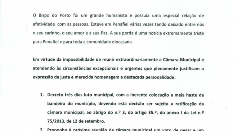 O presidente da Câmara de Penafiel decretou três dias de luto, pela morte de D. Antonio Francisco dos Santos