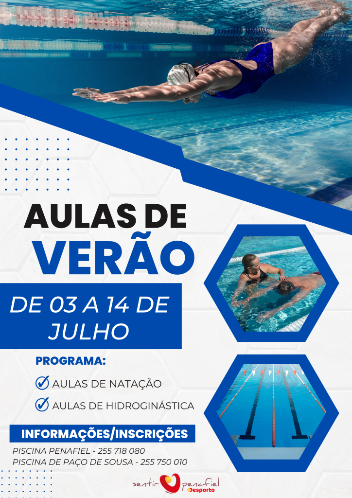 cartaz promocional das aulas de verão nas piscinas municipais